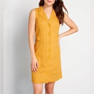Modcloth Coasting Along gold mustard yellow linen blend sleeveless shirt dress 8